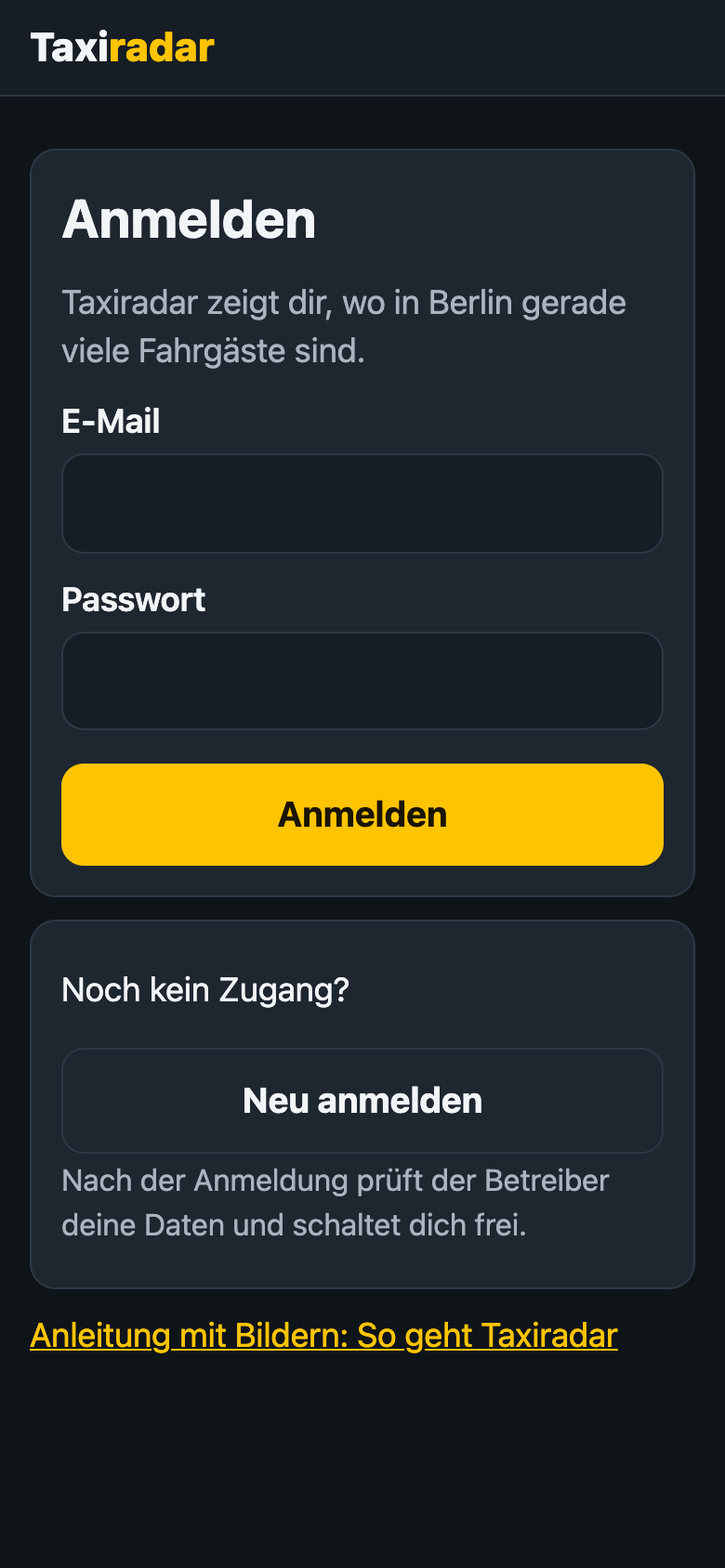 Anmeldeseite von Taxiradar