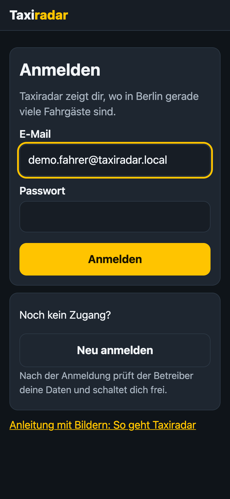 Anmeldeformular mit E-Mail und Passwort